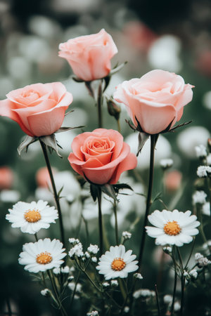 Pink Roses and White Daisies Bloom in Harmony, A Vibrant Spring Garden Scene in Natural Lightの素材