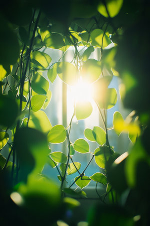 Sunlight Through Elliptic Leaves, Nature Background, Vivid Green and Yellow Tones, High Contrastの素材