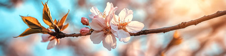 Delicate Cherry Blossoms Blooming on a Branch Against a Beautiful Blurred Sky, Springtime Beautyの素材