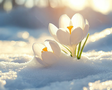 First Signs of Spring. Delicate White Crocuses Bloom Through Melting Snow, Bathed in Warm Sunlight.の素材