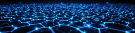 Vivid Blue Futuristic Network Visualization with Glowing Hexagon Mesh And Interconnected Data Pointsの素材