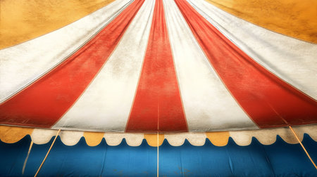 Classic Circus Tent Interior, Red and White Striped Canvas Ceiling with Blue Trim, Event Backgroundの素材