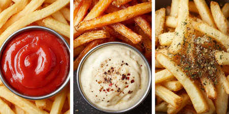 Collage, Close Up Of Golden French Fries With Dipping Sauces, Seasonings In Natural Lightの素材