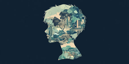 Serene Silhouette Tranquility in Nature, a Minimalist Vector Illustration of a Woman s Profileの素材