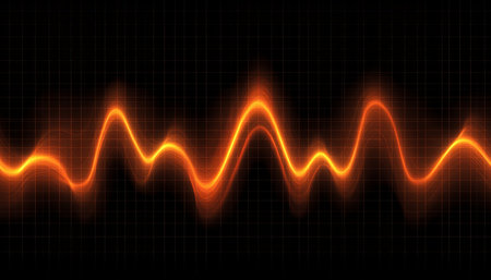 Vibrant Oscillating Red Sound Waveform Pattern on Black Grid Background, Vector Illustrationの素材