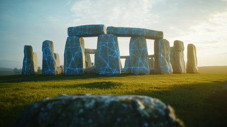Ancient Ruins of Stonehenge With Digital Network, History And Technology Concept, Time Travelの素材