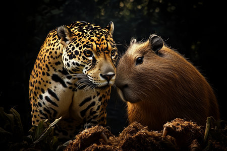 Jaguar and Capybara, Contrasting Beauties Captivating Wildlife Portrait on Black Backgroundの素材