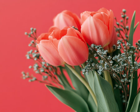 Light Pink Tulips and Delicate Blue Blossoms A Soft and Airy Spring Floral Arrangementの素材