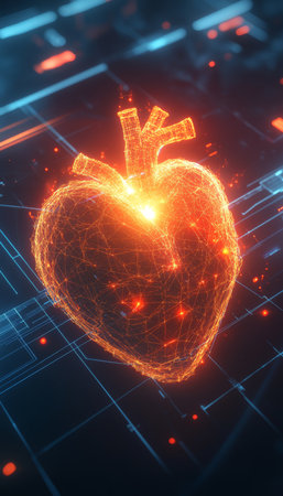 Glowing Anatomical Heart Hologram Render On Circuit Board, Digital Healthcare Technology Conceptの素材