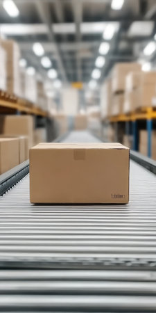 Cardboard Box Moving Along An Automated Conveyor Belt Inside A Distribution Warehouseの素材