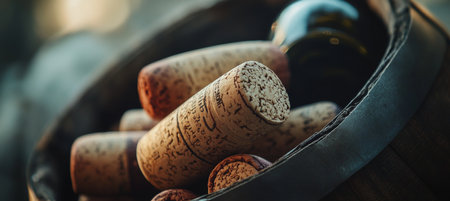 Wine Corks Collection A Close-Up View of Used Wine Bottle Stoppers Inside an Old Barrelの素材