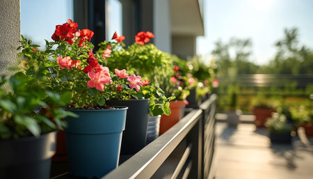 Colorful Flowers in Pots on Sunny Balcony Vibrant Blooms Add Cheer to Urban Living Space.の素材