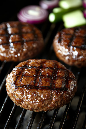 Juicy grilled beef patties with sear marks on hot grill, perfect for summer barbecue.の素材