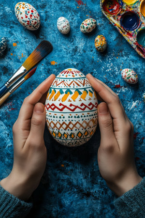 Hands Holding Decorated Easter Egg, Artistic Supplies on Blue Background, Spring Festivitiesの素材