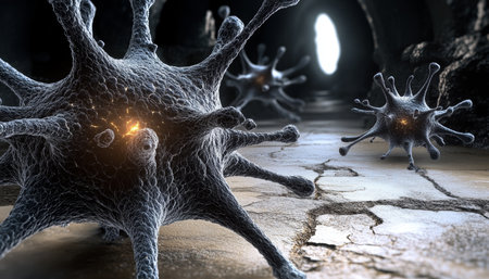 Microscopic View Of Glowing Viruses With Spikes And Nerve System Traveling, 3D Renderの素材