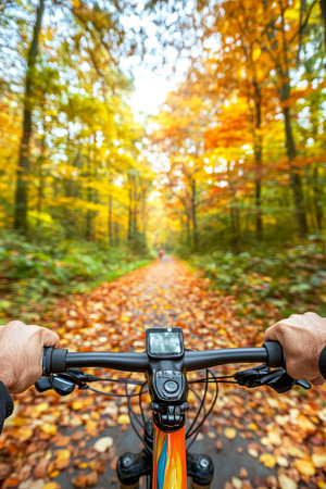 Autumn Cycling Adventure Exploring Nature s Trail On Two Wheels Through A Colorful Woodlandの素材