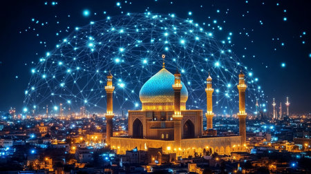 Sheikh Lotfollah Mosque in Isfahan, Iran at Night, Illuminated with a Network of Blue Digital Dots.の素材