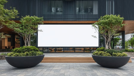 Modern Building Facade with Blank Banner, Trees, and Planters Ideal for Advertisement Mockupの素材