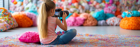 Young Photographer In Burst Of Color Kid Taking Pictures Surrounded Colorful Backdrop Pillowsの素材