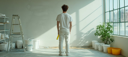 DIY Home Improvement Young Man Holding Paint Roller Preparing to Paint Blank Wall in Sunlit Roomの素材