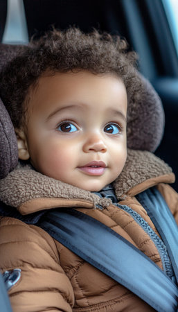 Happy Toddler Safely Secured in a Car Seat, Smiling Upwards, Car Safety, Child Safety, Family Travelの素材