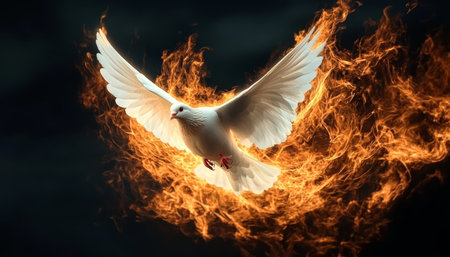 White Dove Soaring Amidst Fiery Flames Symbol of Hope, Resilience, and Spiritual Transformationの素材