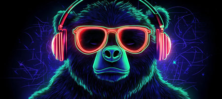 Cool Neon Bear DJ In Headphones Enjoying Synthwave Music On Abstract Background, Vibrant Colorsの素材