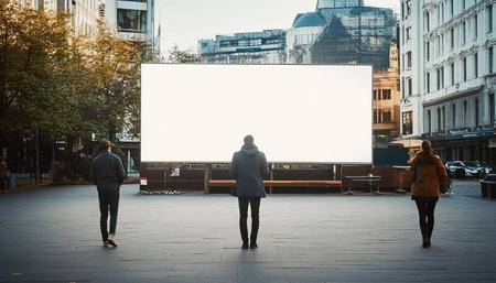 Three People Looking At Large Blank Billboard With White Display In The Ctiy Downtown Ateaの素材