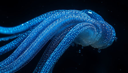 Bioluminescent Siphonophore, a Colony of Marine Organisms, Emits an Ethereal Glow in the Deep Sea.の素材