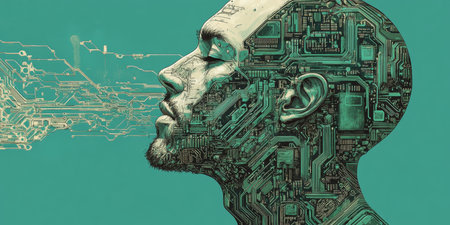 Circuit Board Head Profile of a Man Composed of Electronic Components, Symbolizing AIの素材