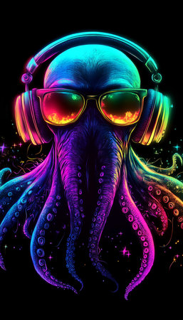 Neon Glow Party Octopus DJ Cool Cephalopod with Headphones and Sunglasses Enjoying Musicの素材