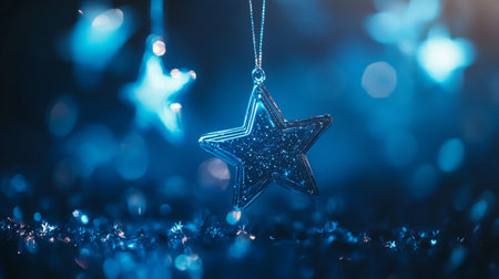 Sparkling Cobalt Blue Background With Hanging Silver Star Ornaments, Festive Holiday Backdropの素材