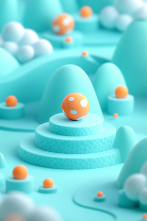 3D Illustration, Vivid Orange Spheres Set Against a Playful Light Blue Abstract Landscapeの素材