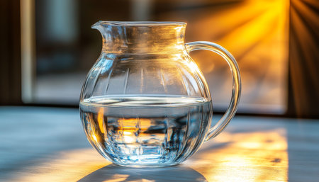 Classic Glass Pitcher Filled with Water, Bathed in Warm Morning Sunlight on a Kitchen Counterの素材