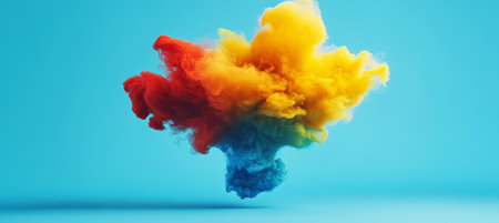 Abstract Cloud of Layered Watercolor Effects in Overlapping Rainbow Colors on Blue Backgroundの素材