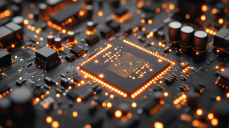 Glowing Computer Chip, Intricate Circuitry, Technology Abstract, Digital Infrastructureの素材