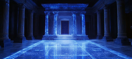 Grand Ancient Temple Illuminated by Blue Digital Network, Architecture and Technology Conceptの素材
