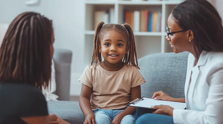 Child Therapy Session Young Girl Engaging with Therapist, Supportive Environment, Mental Healthの素材