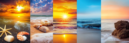 Summer Beach Collage. Turquoise Water, Shells, and Dramatic Golden Sunset, Coastal Landscape Banner,の素材