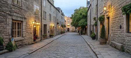 Cobblestone Street with Charming Lit Buildings in Historic Quebec City, Canada at Twilightの素材