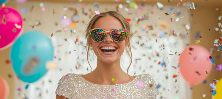 Confident Caucasian Glitter Girl Smiling At Disco Party with Colorful Balloons Backgroundの素材