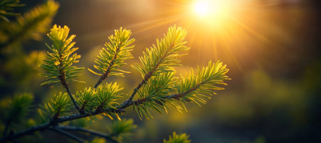 Sunlight Through Fresh Spring Foliage. Close-Up Of Young Coniferous Tree Branch In Backlightの素材