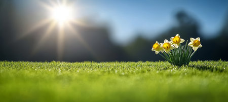 Spring Daffodils in Bloom, Green Meadow, Sunlight Lens Flare, Clear Blue Sky Backgroundの素材