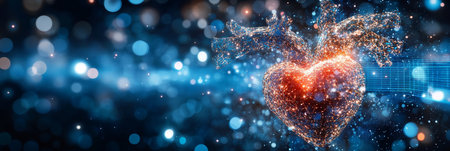 Digital Heart Monitor, Glowing Red Heart, Blue Grid, Bokeh Background, Futuristic Medical Technologyの素材