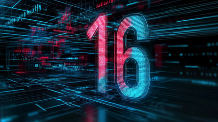 Glowing Digital Number 16 in Futuristic Cyberspace, Lines of Data Flow Through Digital Spaceの素材
