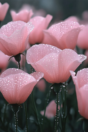 Delicate pink wildflowers blooming in meadow, illuminated with morning dew drops, soft background.の素材
