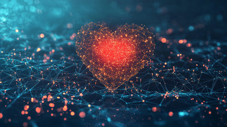 Glowing Digital Heart on Network Grid, Healthcare Technology and Data Analysis Conceptの素材