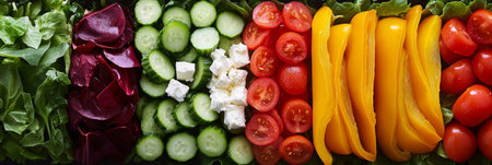Fresh, Colorful Salad Ingredients Arranged in Rows A Vibrant Vegetarian Meal Prep Conceptの素材