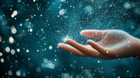 Magic Touch A Hand Reaching for Interconnected, Illuminated White Particles On a Blue Backgroundの素材
