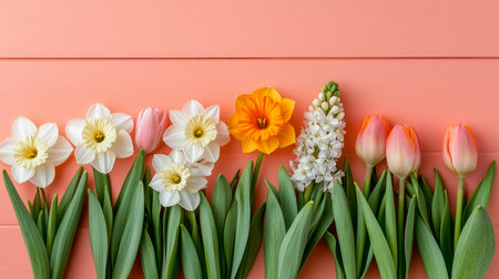 Spring Floral Harmony Daffodils, Tulips, and Hyacinths Arranged on a Pastel Pink Wood Backgroundの素材